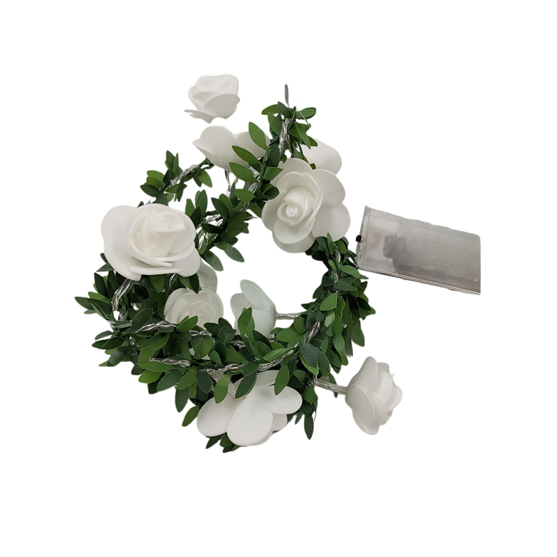 Ghirlanda luminosa con rose bianche e foglie verdi, luci LED calde alimentate a batteria (non inclusa)