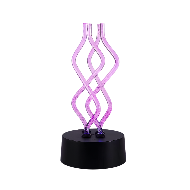 Lampada da tavolo in acrilico con torsioni, LED viola su base nera, effetto danza e 7 colori.