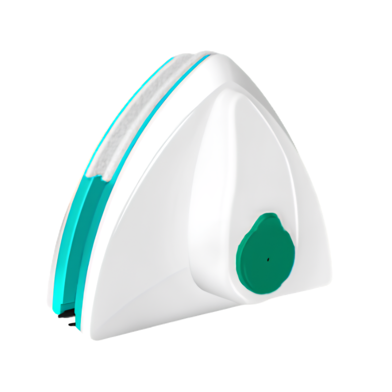 Strumento magnetico per pulizia finestre, lavaggio a due lati e scarico acqua automatico, corpo bianco e verde.