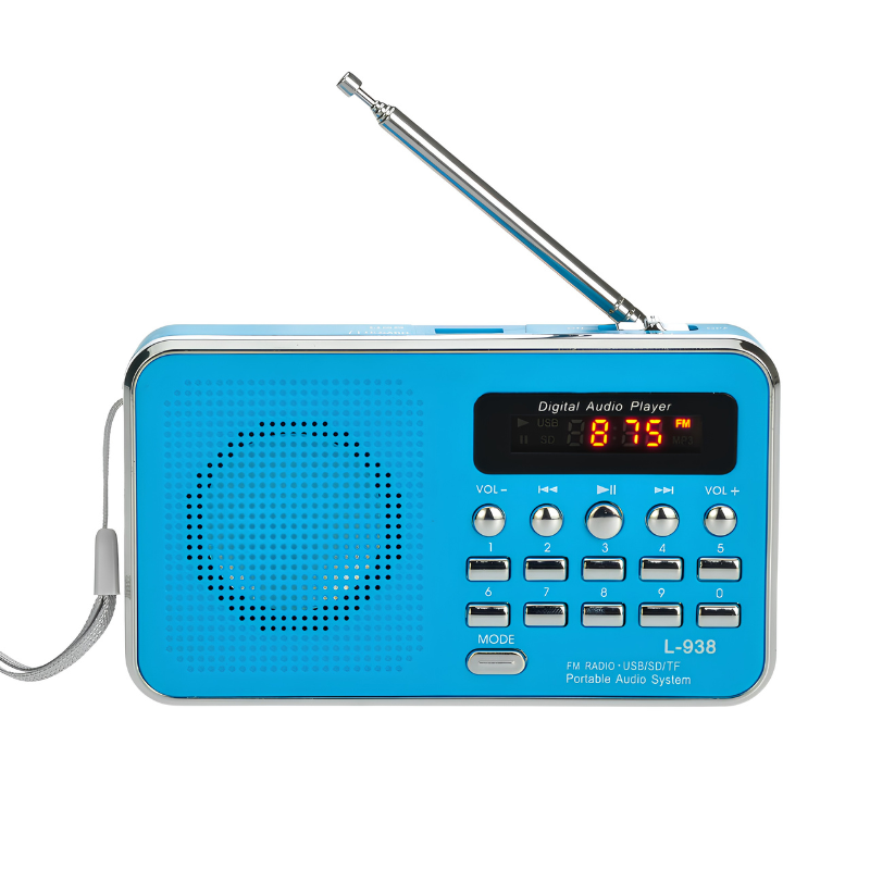 Radio portable blu multifunzione con antenna, display digitale, tasti controllo, lettore MP3 e slots USB/SD/TF.