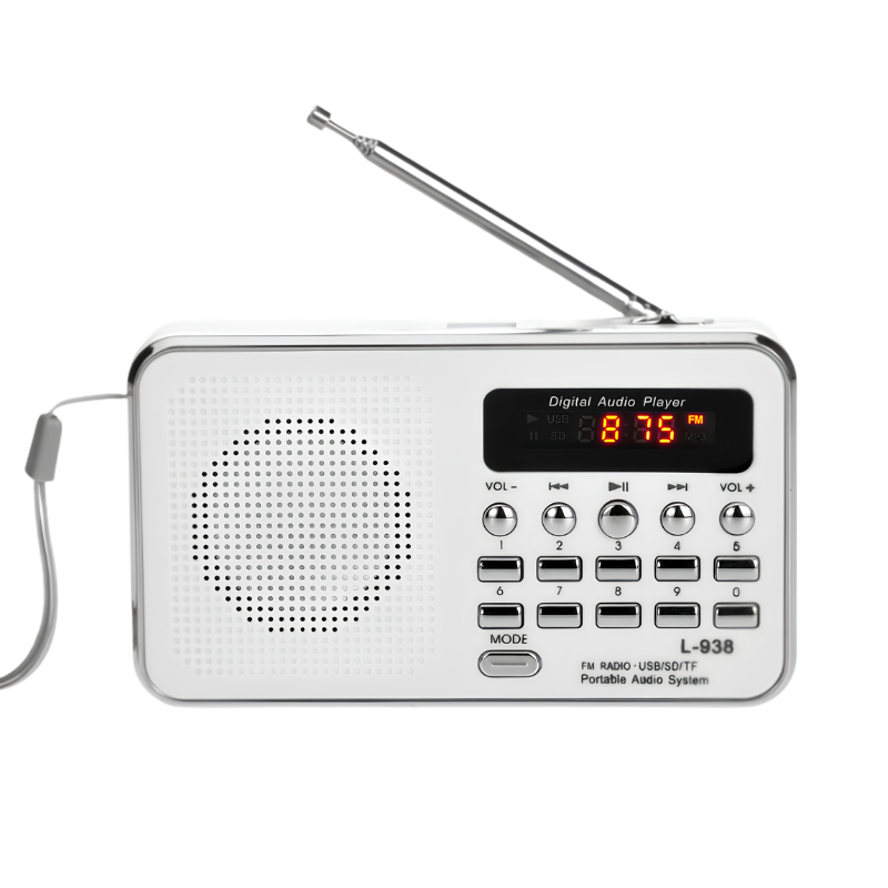 Radioprotatile bianca multifunzione con display LED, antenna e tastiera. Supporta MP3, USB e TF. Custodia in plastica ingegneristica.