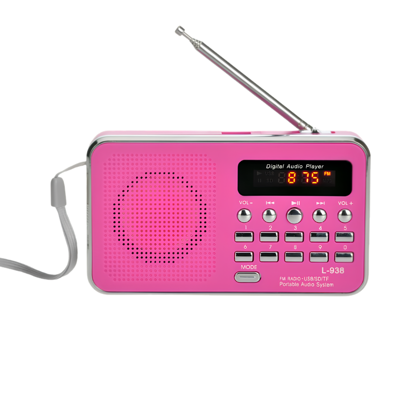 Radiosonda portatile rosa con display digitale, pulsanti MP3 e interfaccia USB/TF per riproduzione musica e收听 FM.