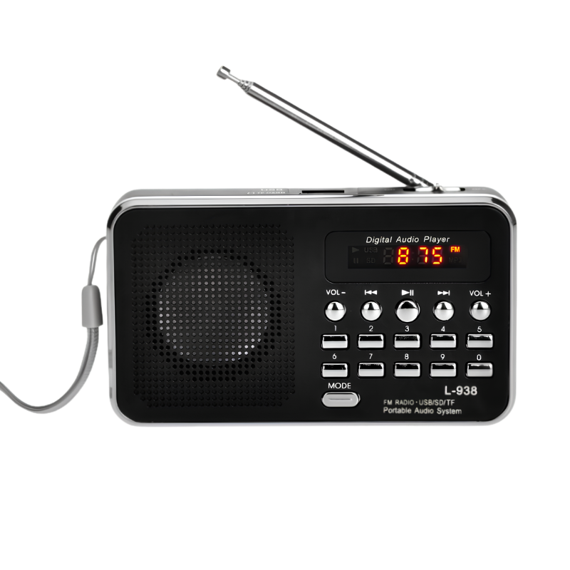 Radio portatile nera con altoparlante, display digitale, tastiera e antenna estendibile per riproduzione MP3 via USB e TF.