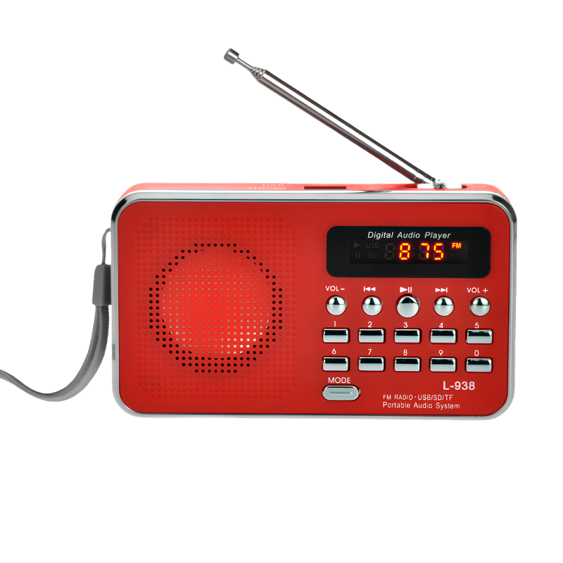 Lettoportatile rosso multifunzione con radio FM, lettore MP3, USB/TF e altoparlante integrato in plastica ingegneristica.