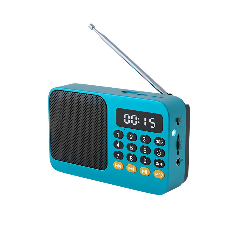 radios FM portatili blu con display LED, speaker, microfono integrato e antenna estendibile per riproduzione musicale e registrazioni