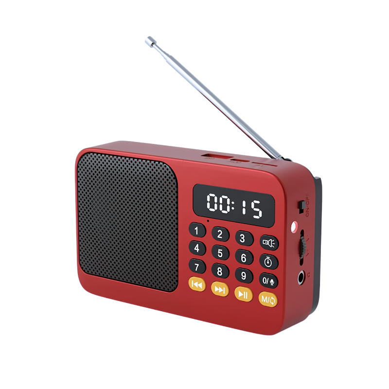 Radio FM portatile rossa con display LED, altoparlante, microfono integrato e antena estensibile per riproduzione musica e registrazioni.