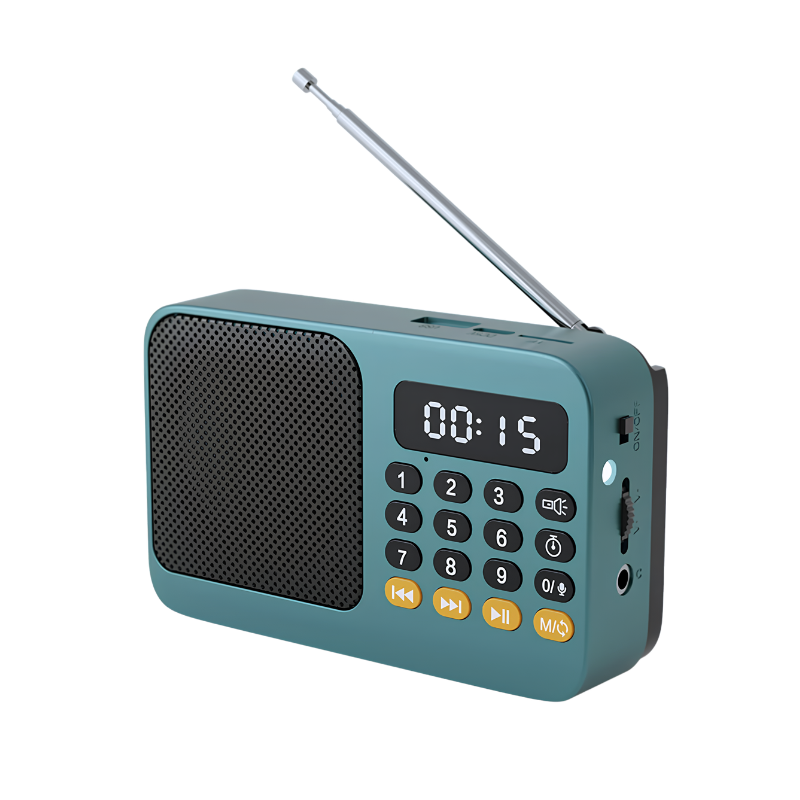 Radio portatile teal con display LED, antena estensibile, tasti di controllo e格里 speaker per musica FM e registrazione.