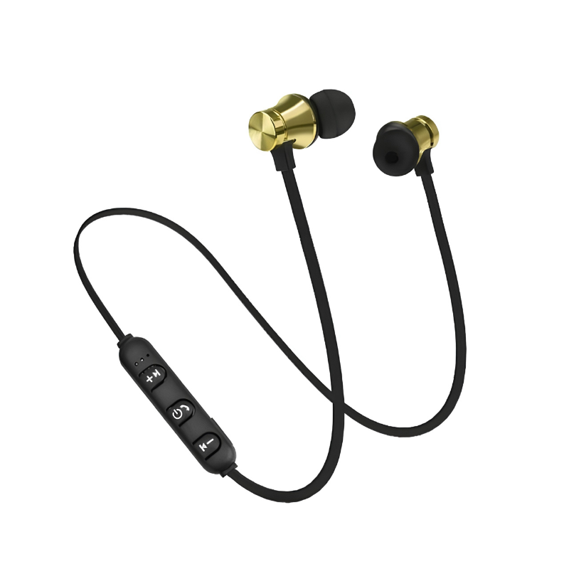 Cuffie wireless Bluetooth con collo nero, auricolari oro, controlli integrated per chiamate e musica, ideali per lo sport.