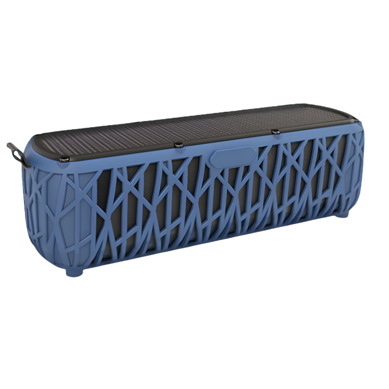 diffusore portatile blu con pannello solare superiore e griglia geometrica, ricarica rapida per musica Bluetooth all'aperto
