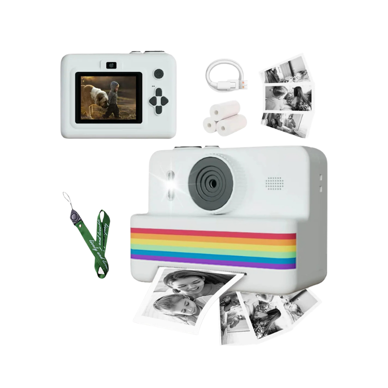 Camera digitale bambini con thermal printer, stampa istantanea B/N, schermo HD e striscia arcobaleno.