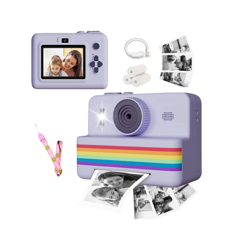 Camera digitale violetta per bambini con stampa Instant.print portatile, schermi HD, fascetta e rulli carta inclus