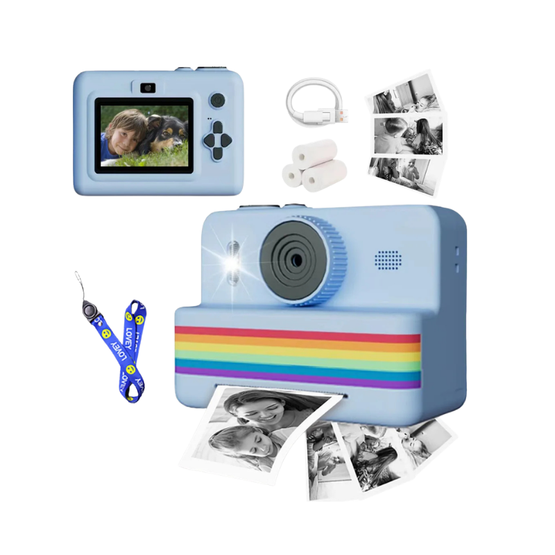 Camera digitale portatile per bambini con stampa termicaistantanea, schermo 2.8 inch, striscia arcobaleno e lenciolo blu.