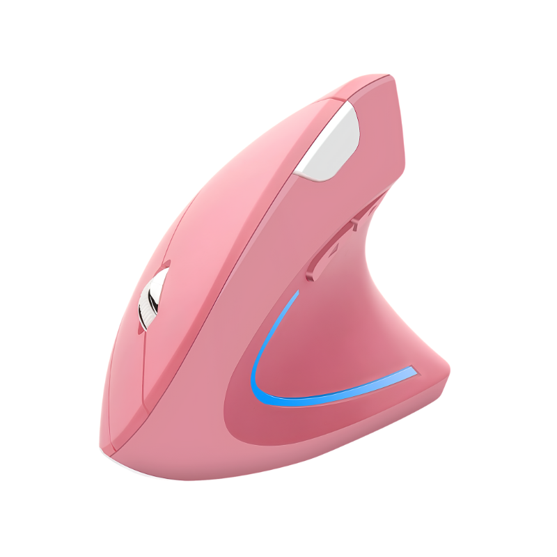 Mouse wireless verticale ergonomico rosa con luce LED blu, Ottico 1600dpi, 6 tasti, connessione 2.4GHz USB per computer desktop.