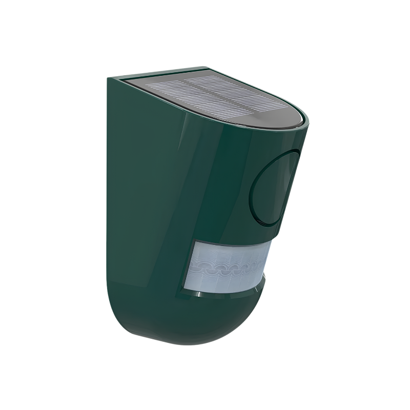 Rilevatore di movimento solare con sensore infrarosso, sirena 110dB e luce stroboscopica per sicurezza casa e giardino.