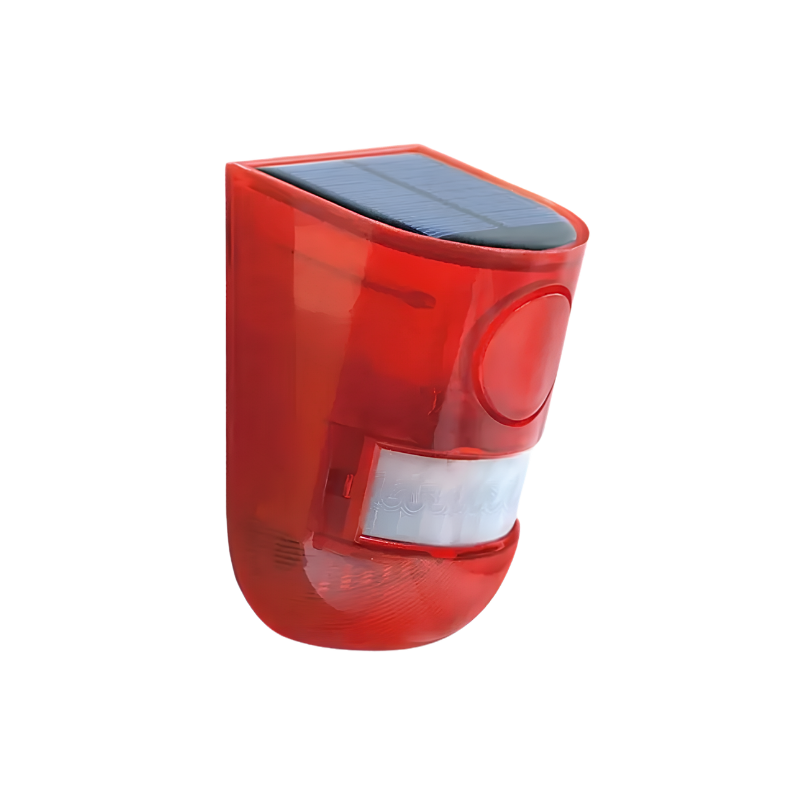 Allarme sicurezza solare con sensore di movimento infrarosso, sirena 110db e luce stroboscopica rossa per casa e giardino.