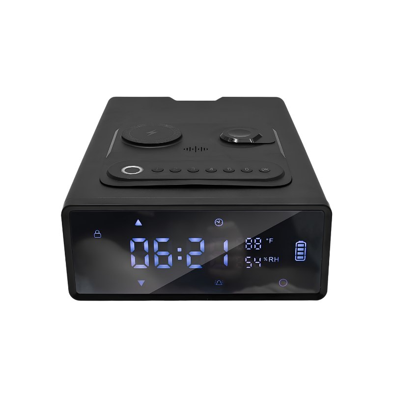 Cassaforte smart nera con impronta digitale e tastiera, display digitale per orario e umidità, ricarica USB-C e indicatore LED.