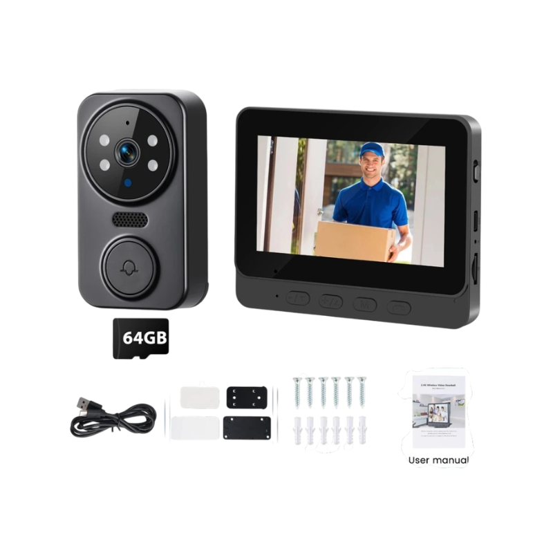 Sistema portico wireless con monitor 4.3 inch, camera con visione notturna, scheda 64GB e accessori per installazione.