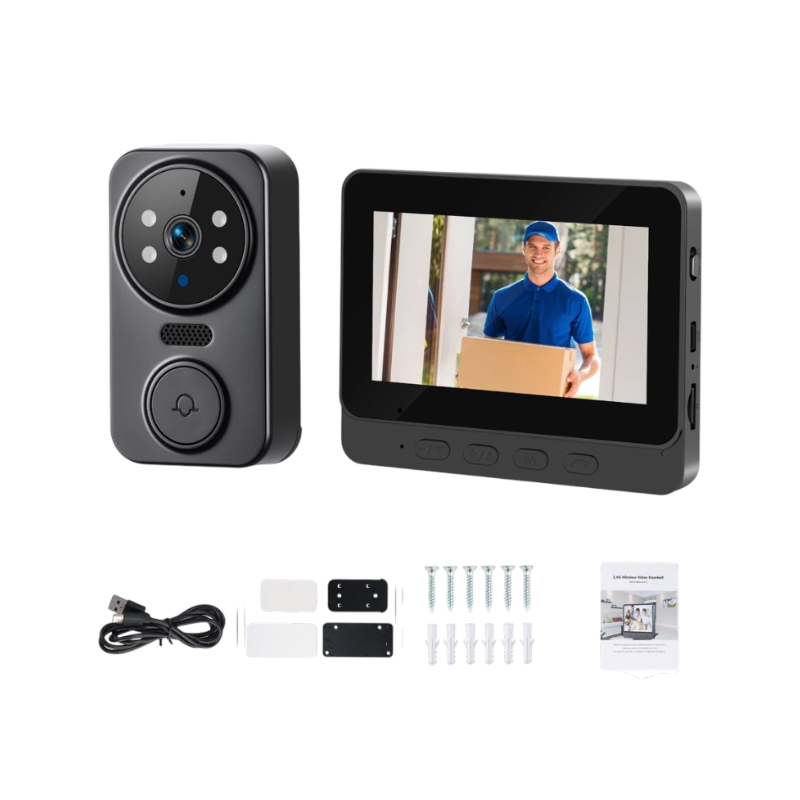 Anta porta wireless con monitor 4.3 pollici, visione notturna e interfono video bidirezionale. Include accessorio di montaggio.