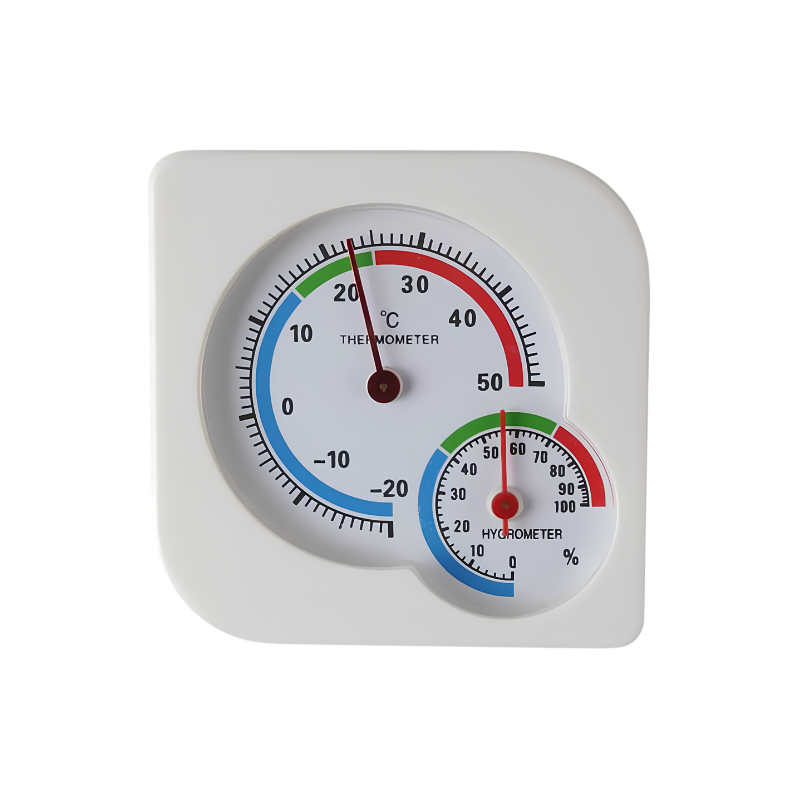 Termometro e umidometro analogico bianco con indicatore Colore zona comfort, precisione alta temperatura e umidità interna.