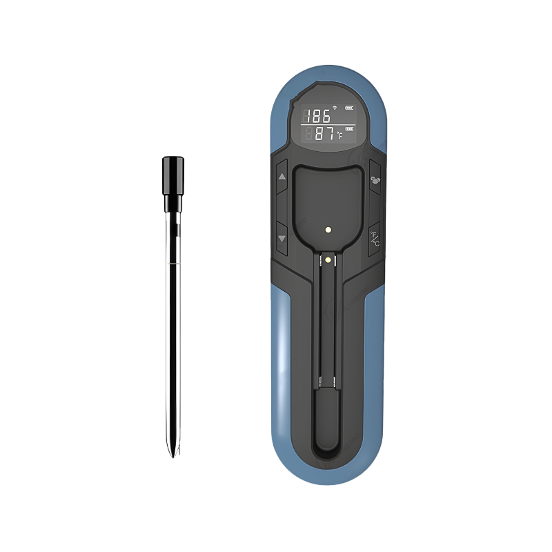 Termometro Bluetooth portatile per barbecue con display digitale, connessione wireless fino a 150m e sensore staccabile.