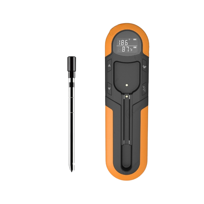 Termometro Bluetooth portatile per barbecue, arancione e nero, con sensore digitalizzato e connessione wireless APP.