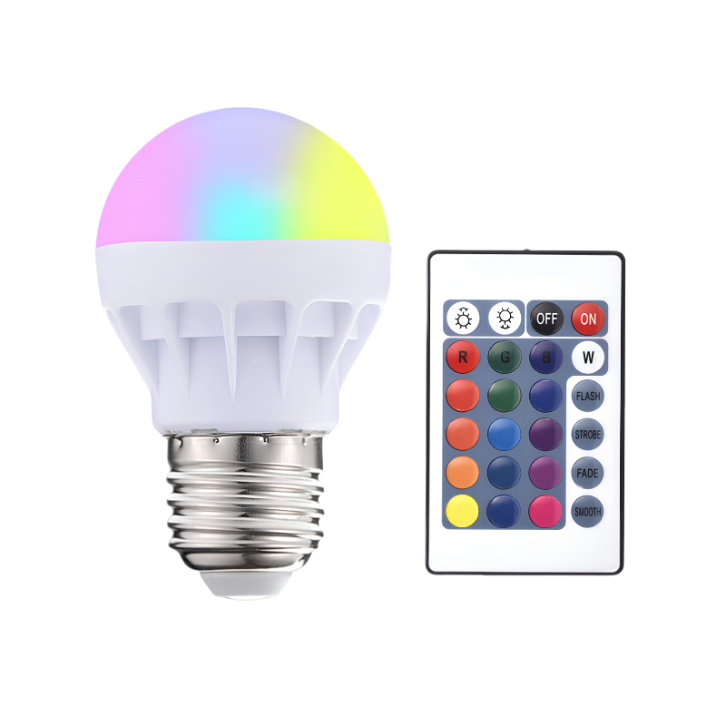 Lampadina LED RGBW multicolore con telecomando, 3W, 210 lumen, fascio 120°, senza hub, ideale per illuminazione scenica.