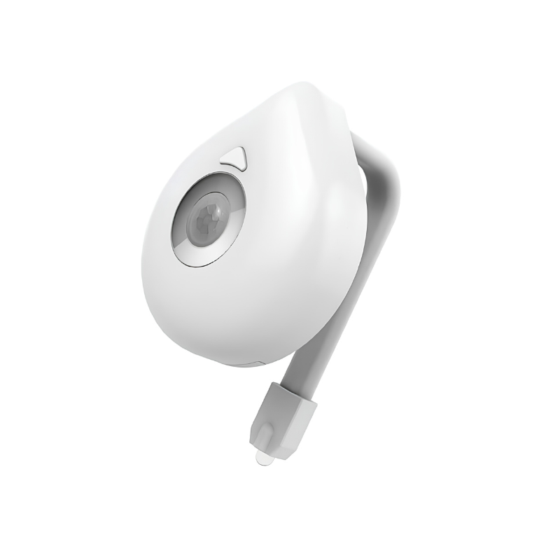 Lampada LED con sensore di movimento per bagno, illuminazione notturna automatizzata con base a gancio bianca.