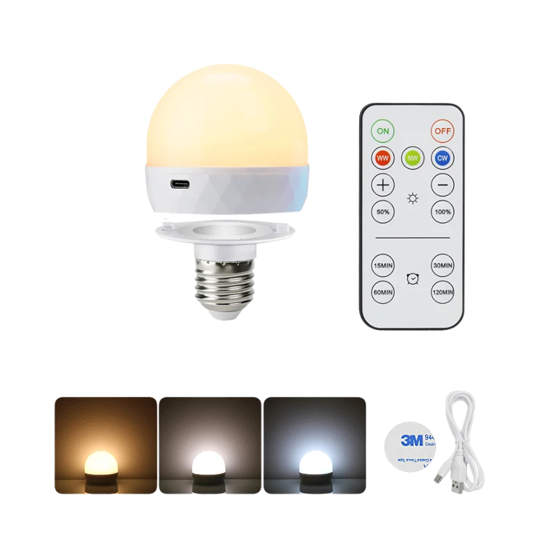 Lampadina LED RGB con ricarica USB 5V, controllo remoto dimmerabile e attacco E27, ideale per camera da letto, salotto o bar.