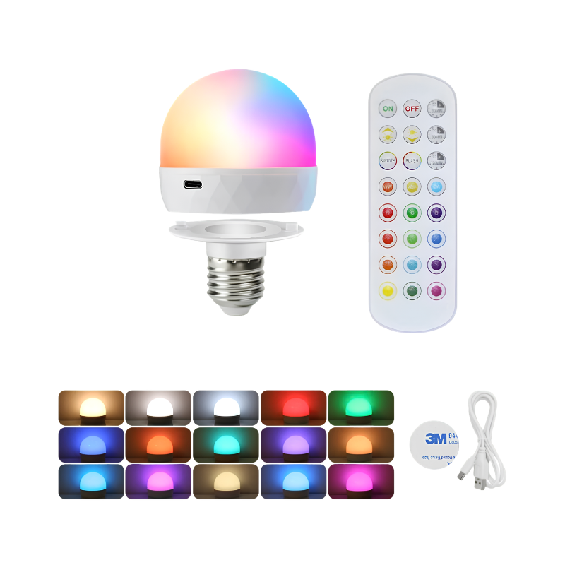 Lampadina LED RGB USB 5V con controllo remoto smart e dimmer, inclusi telecomando, cavo USB e set colori.