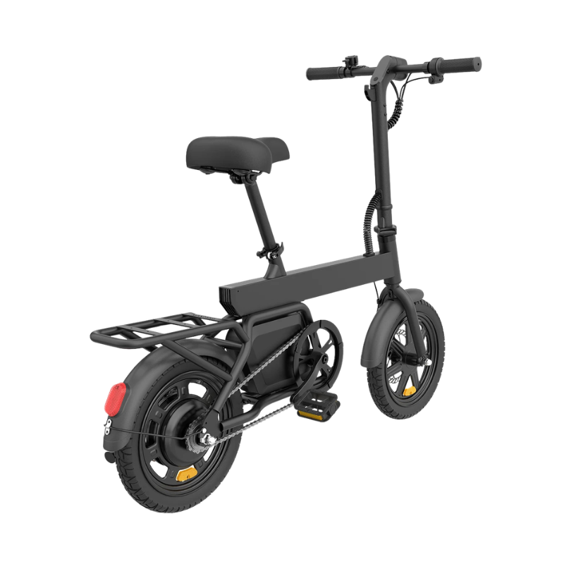 Bici elettrica cittadina con motore 250W, batteria 36V 7.8Ah, ruote da 14'', nero, portapacchi posteriore.