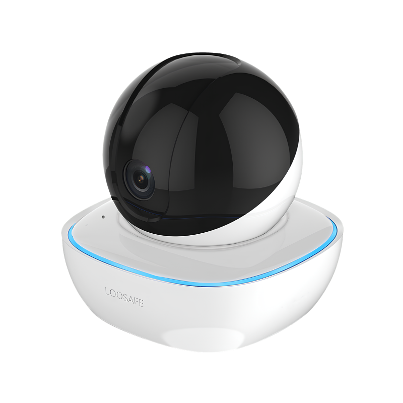 Telecamera a cupola wireless HD per casa intelligente, controllo via app, base bianca con anello LED blu