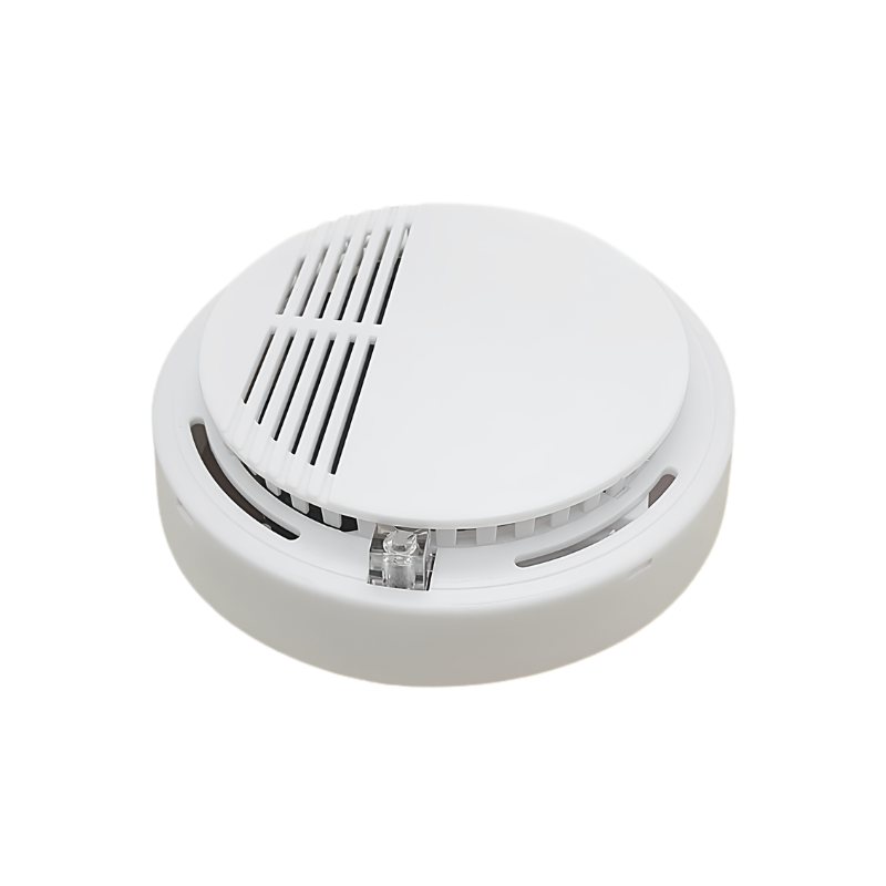 Rilevatore di fumo domestico, 9V, angolo 120°, distanza rilevamento 60 m, temperatura -30…80°C, frequenza 50–60 MHz.