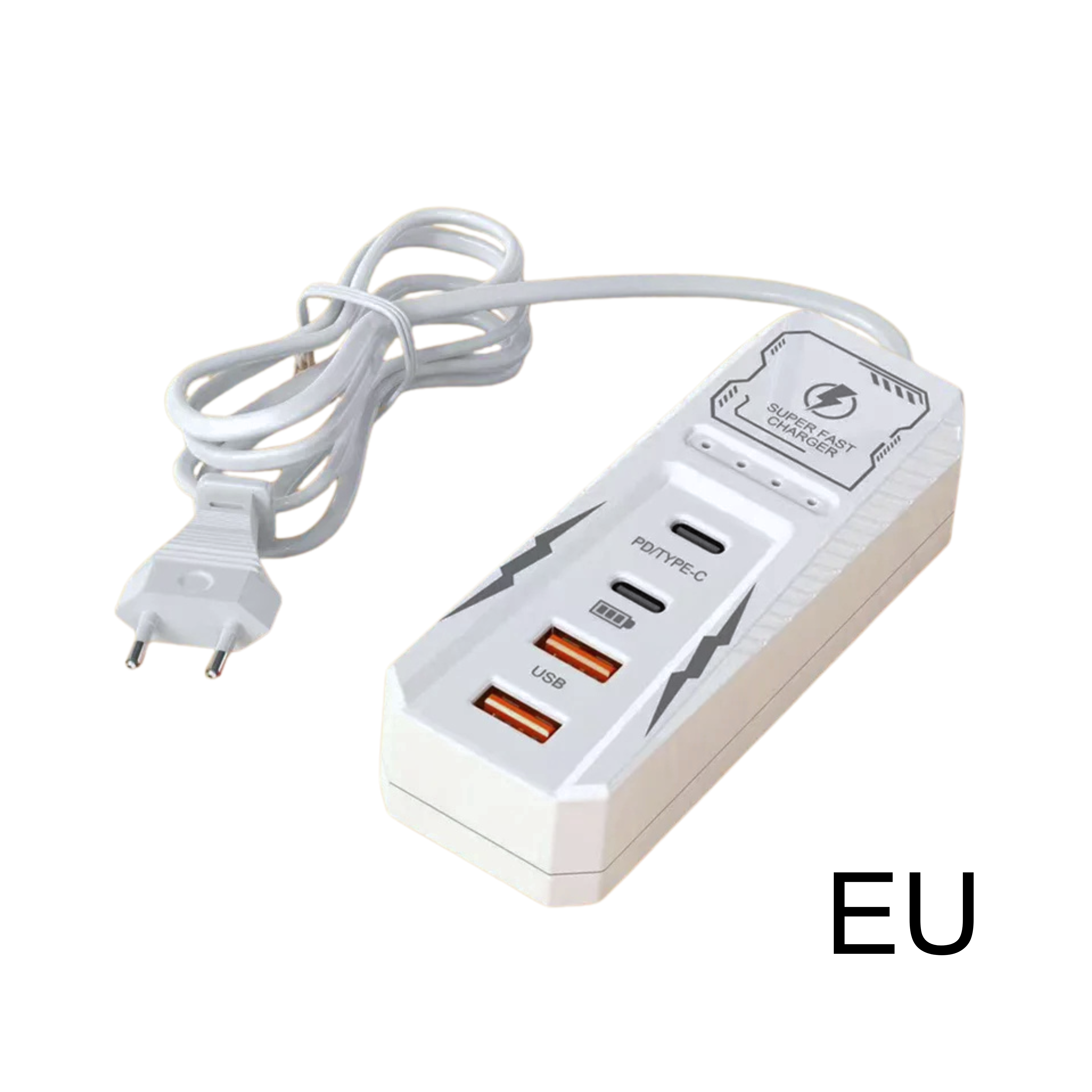 Multipresa USB con quattro porte, ricarica PD rapida, spina universale EU/US/UK, caricatore da muro bianco.