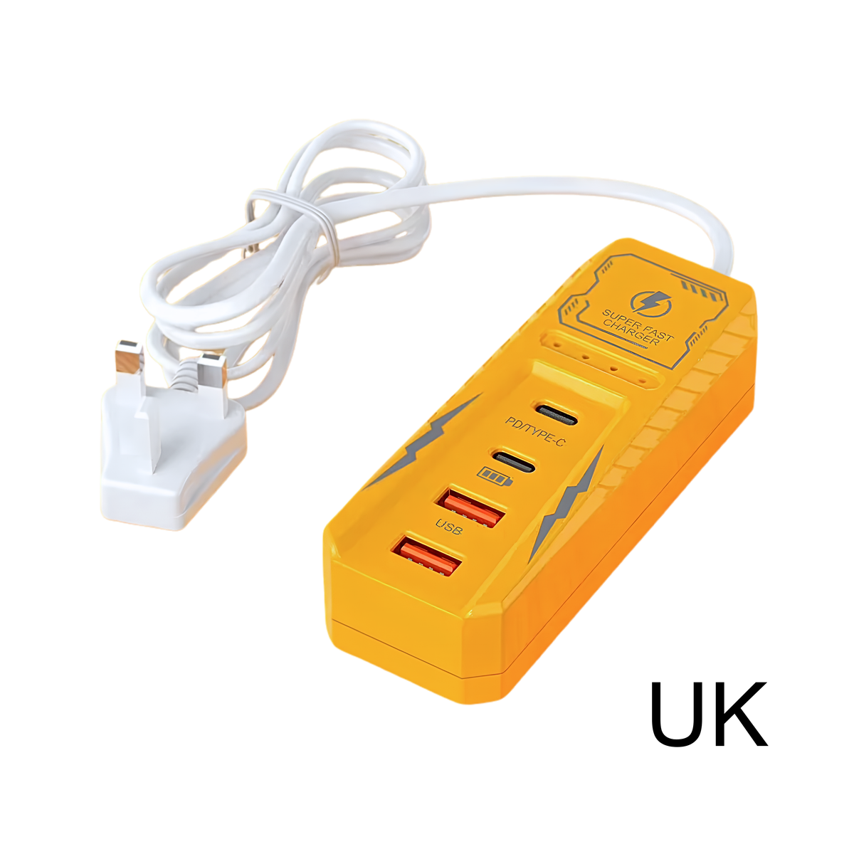 Presa multipla USB da muro con 4 porte, ricarica PD rapida USB-C, spina EU/US/UK, colore arancione.