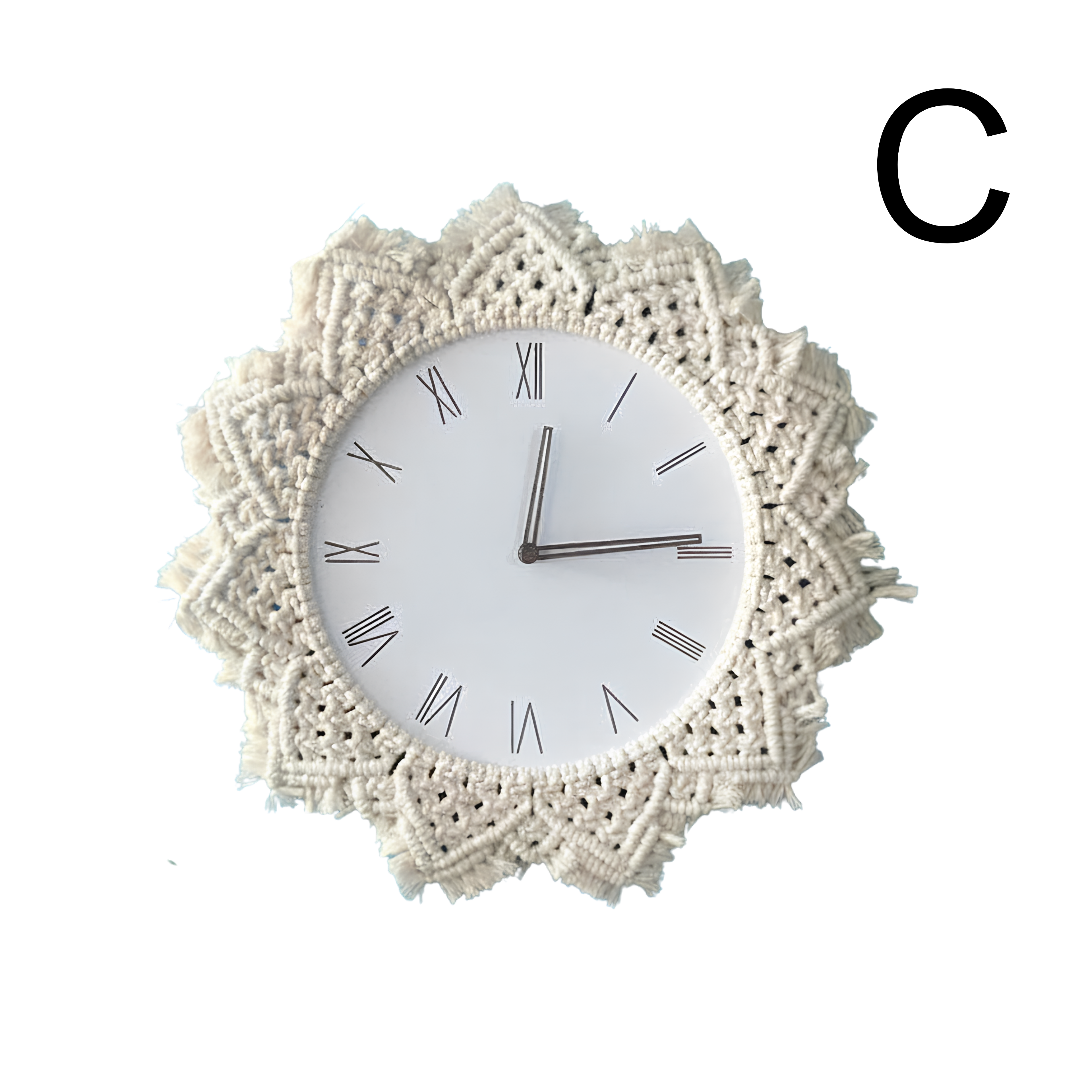 Orologio da parete creativo con cornice intrecciata all'uncinetto, quadrante rotondo e numeri romani.