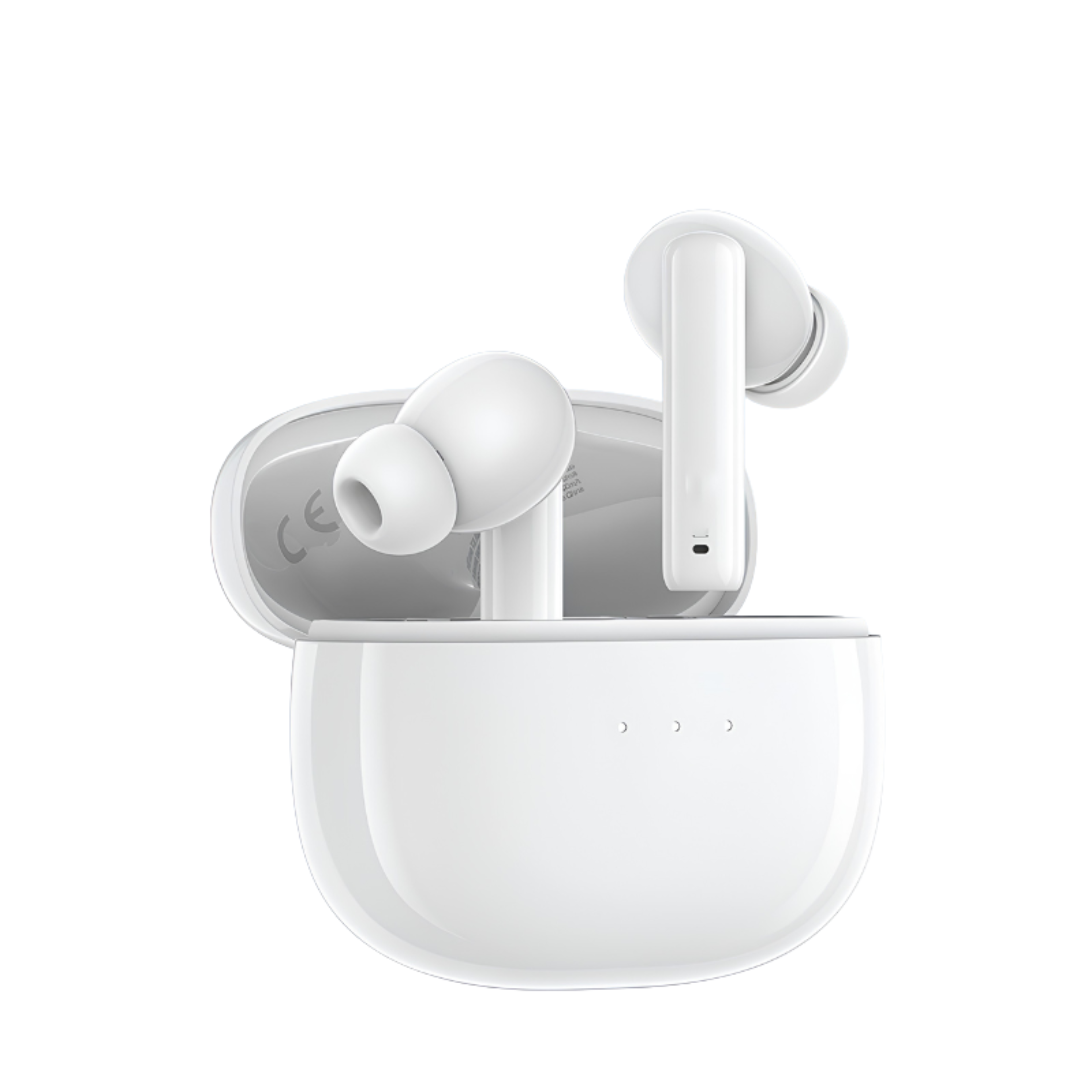 Auricolari Bluetooth con cancellazione attiva del rumore, bianco, custodia bianca in plastica.