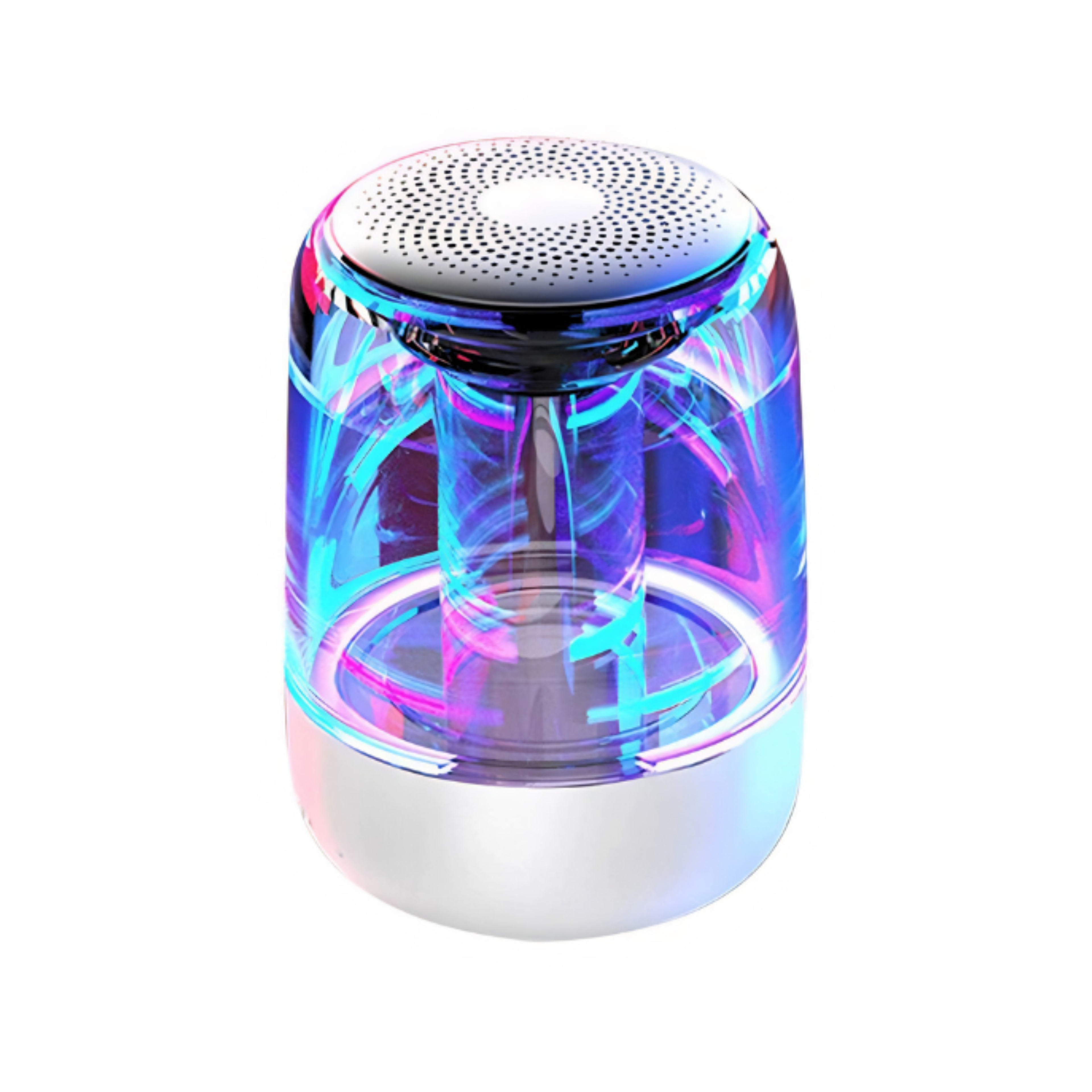 Altoparlante Bluetooth portatile a colonna, corpo trasparente e base bianca, luci LED colorate variabili.