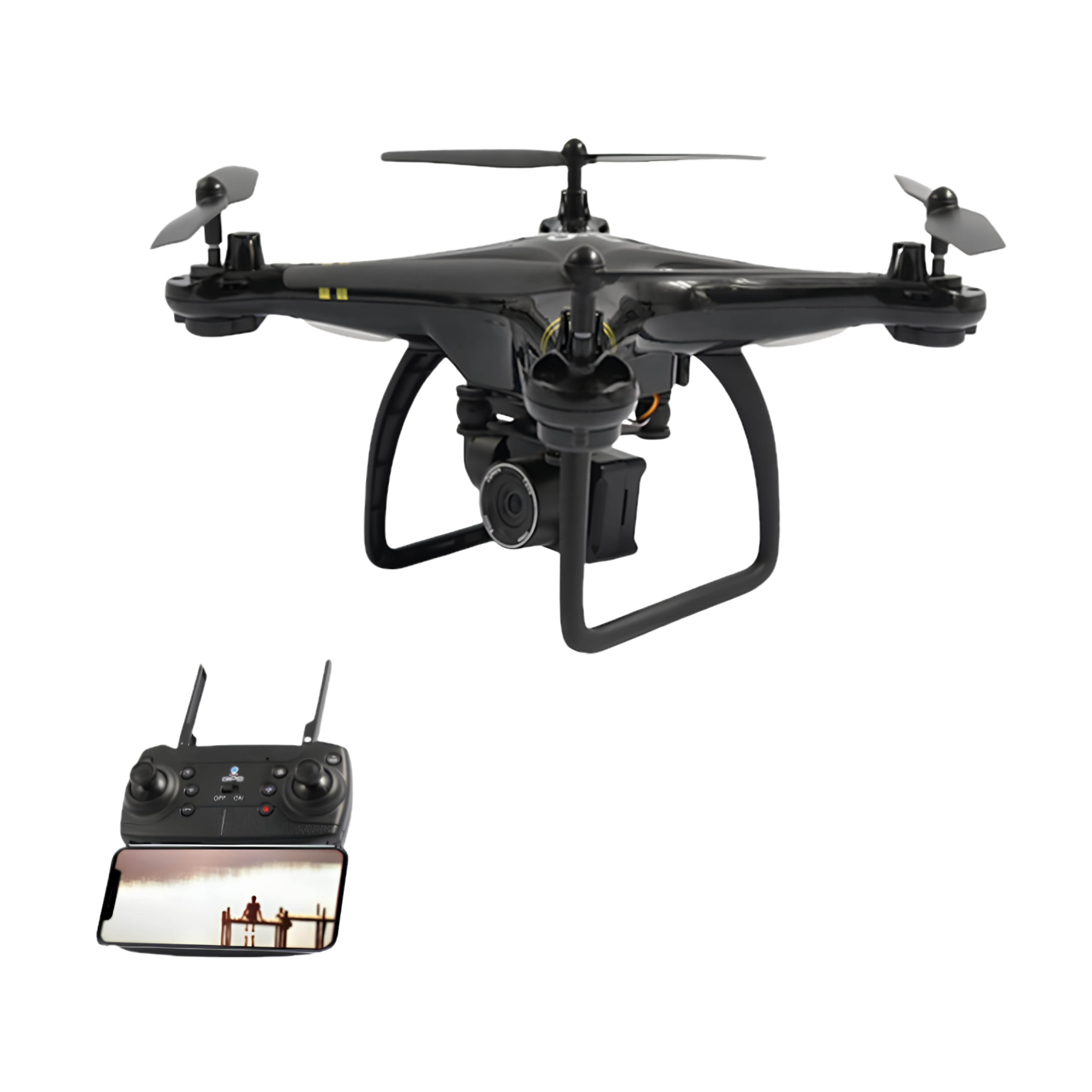 Drone 5G con telecamera ESC, batteria a lunga durata, controllo remoto e smartphone in primo piano.