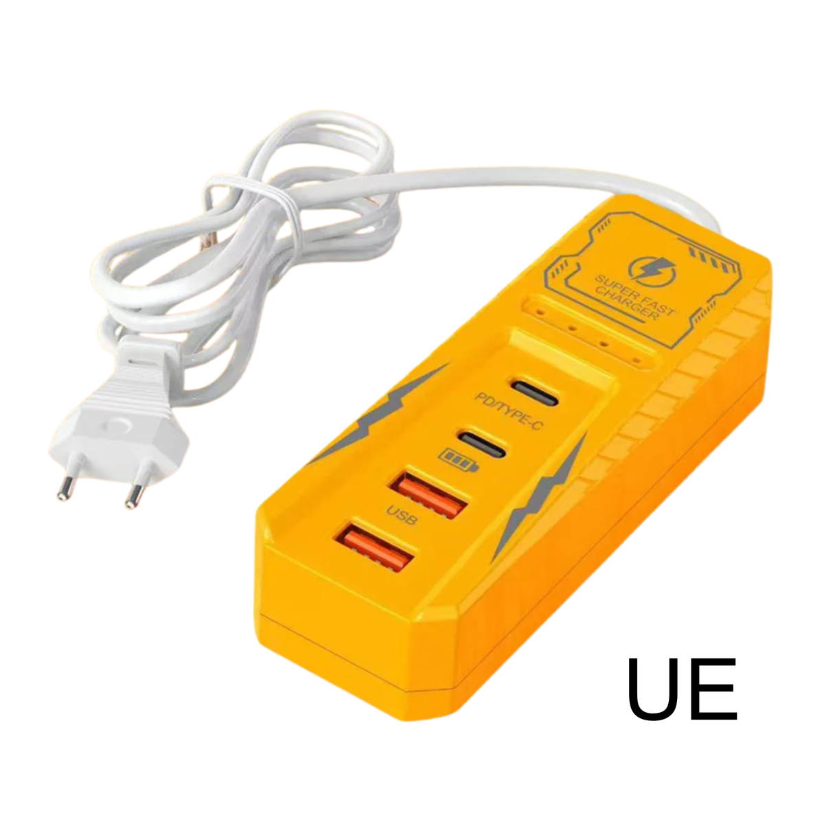 Multipresa arancione con 4 porte USB, ricarica PD e Quick Charge, presa EU.