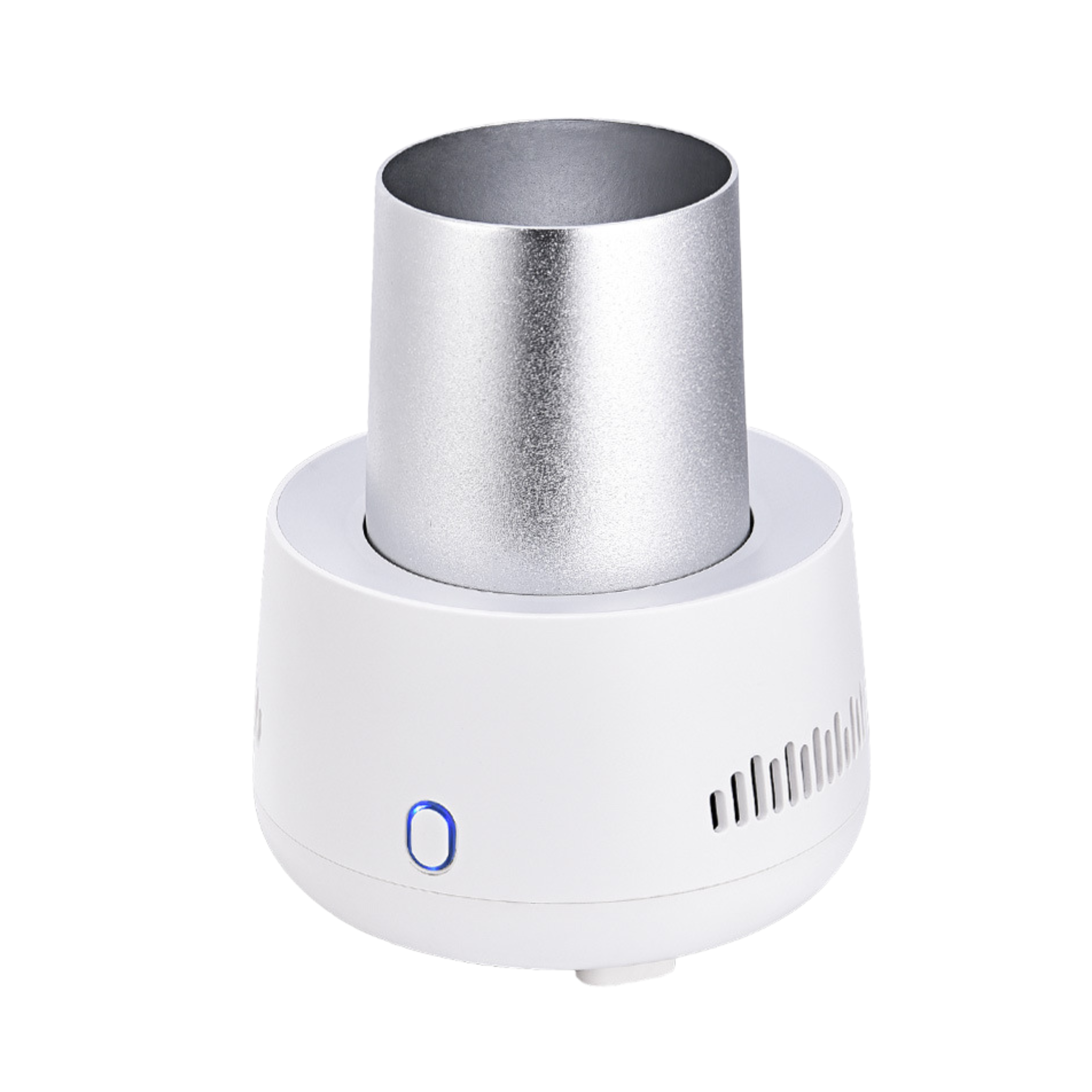 Frigorifero mini per auto Home Fashion, bianco, compatto, con corpo argentato e pulsante LED blu.