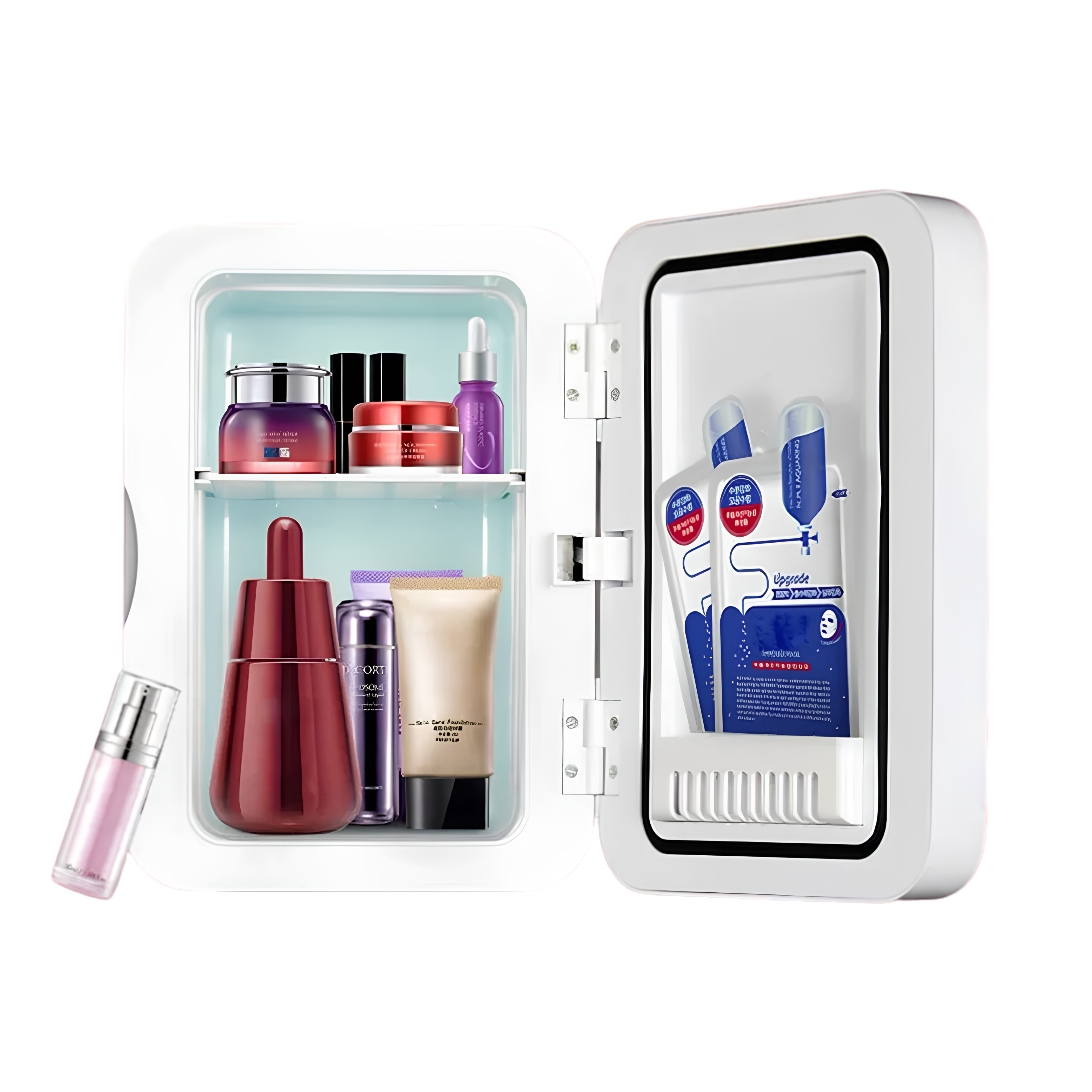 Mini frigorifero cosmetico portatile per profumi e skincare; raffredda e riscalda da 22–65°C, leggero e silenzioso, interni