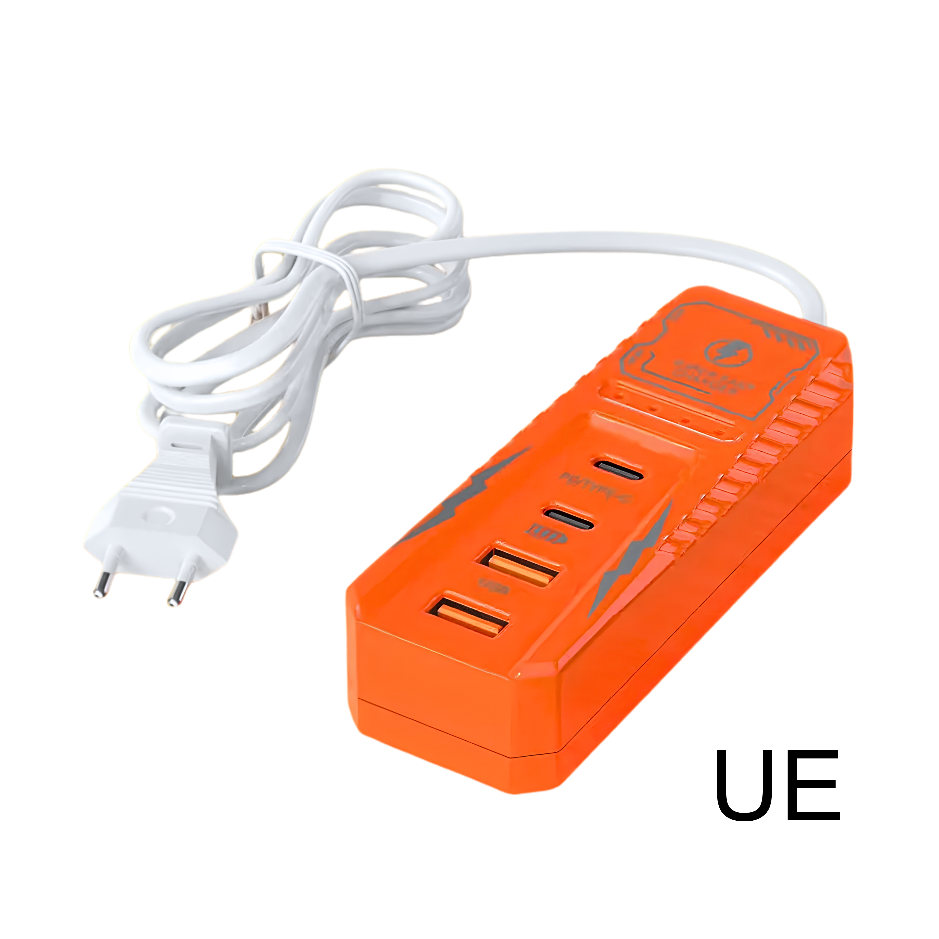 Multipresa arancione con 4 porte USB, cavo bianco e caricatore PD rapido; spine EU/US/UK