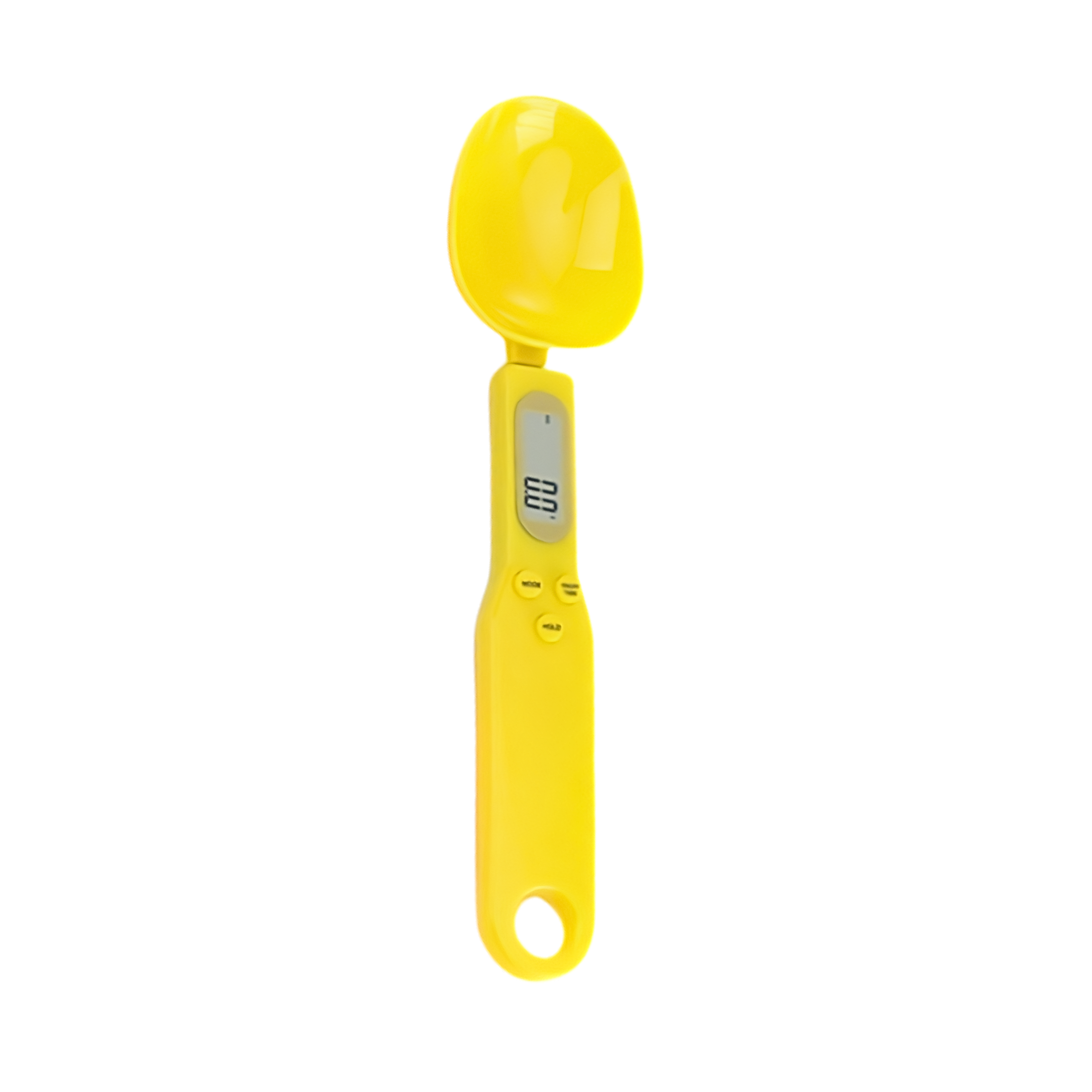 Cucchiaio dosatore digitale giallo con bilancia elettronica e display LCD per pesare in cucina