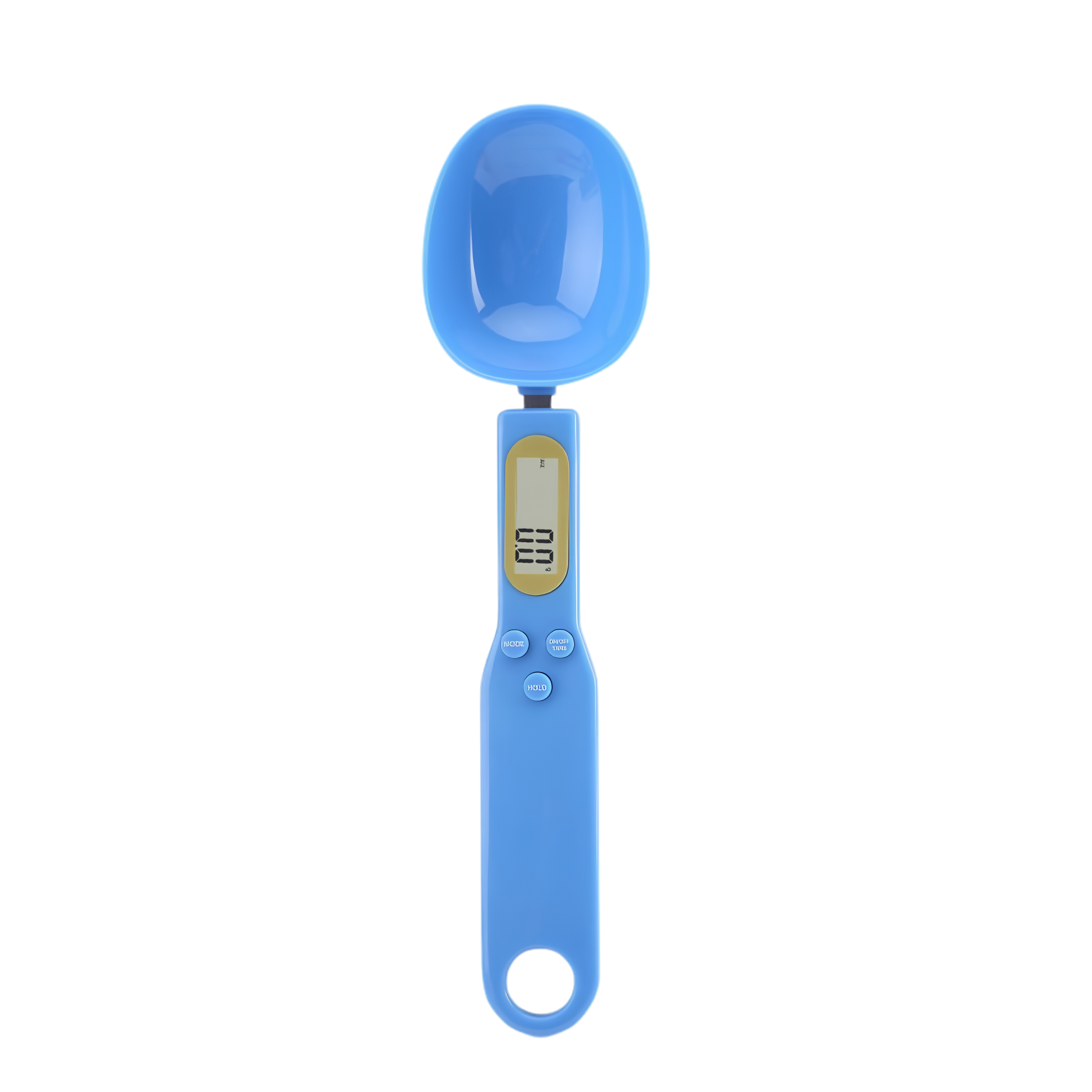 Cucchiaio-bilancia digitale blu con display LCD, utensile da cucina portatile per pesare ingredienti.