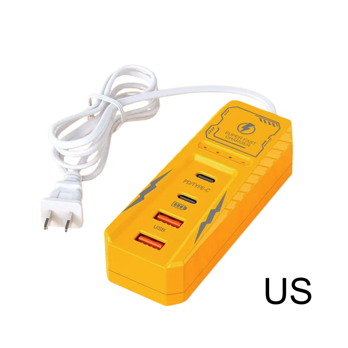 Caricatore multiposizione giallo con 4 porte USB e PD fast charging, spina EU/US/UK.