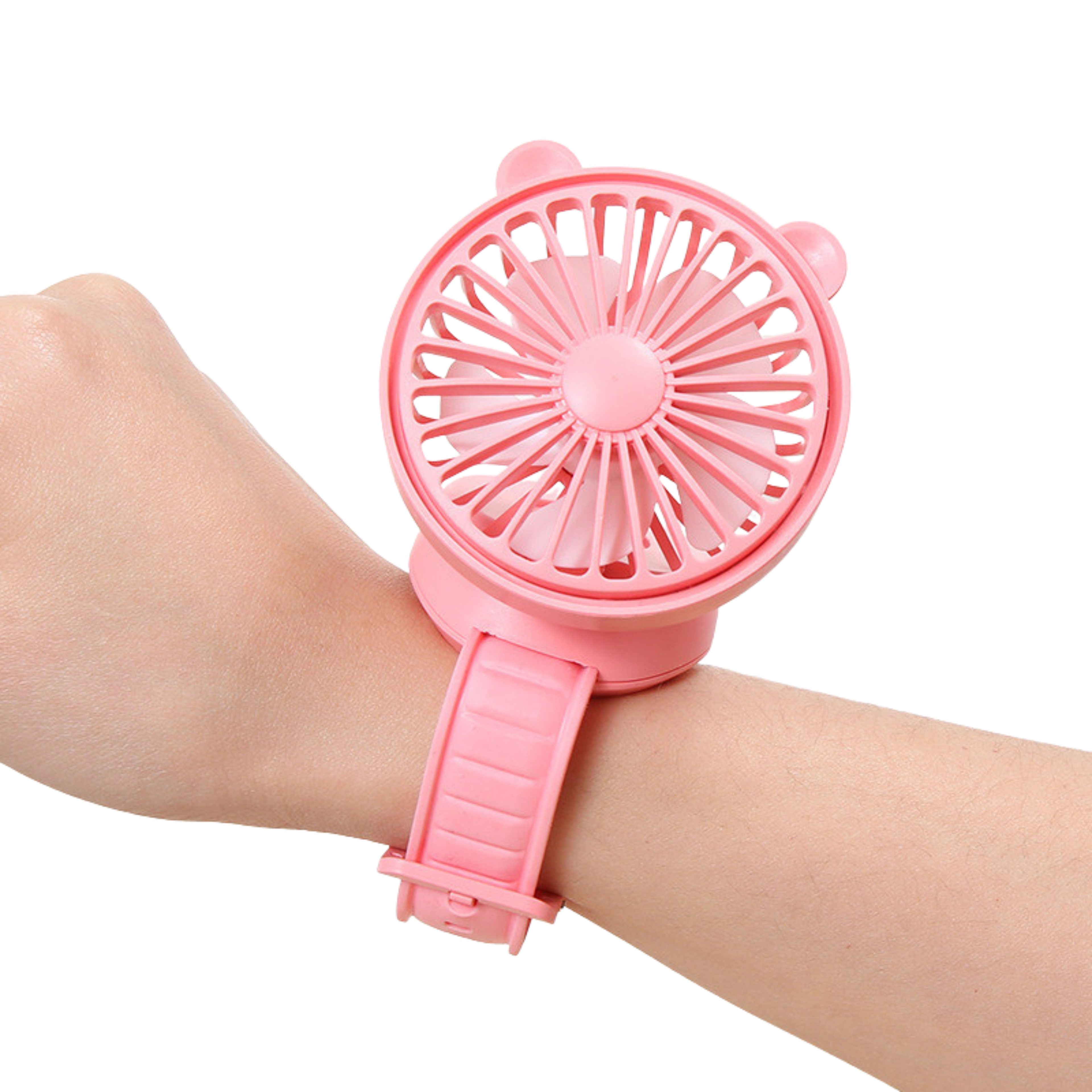 Ventola portatile rosa da polso a forma di orsetto, ricaricabile USB, mini ventola con cinturino