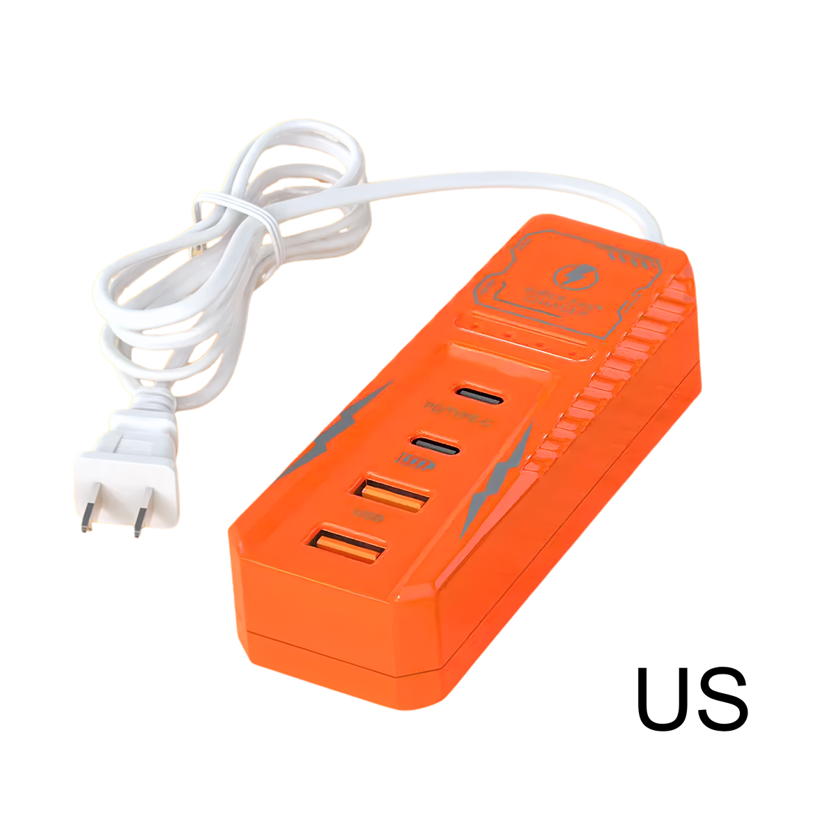 Multipresa arancione con quattro porte USB e spina EU/US/UK, cavo bianco per ricarica rapida
