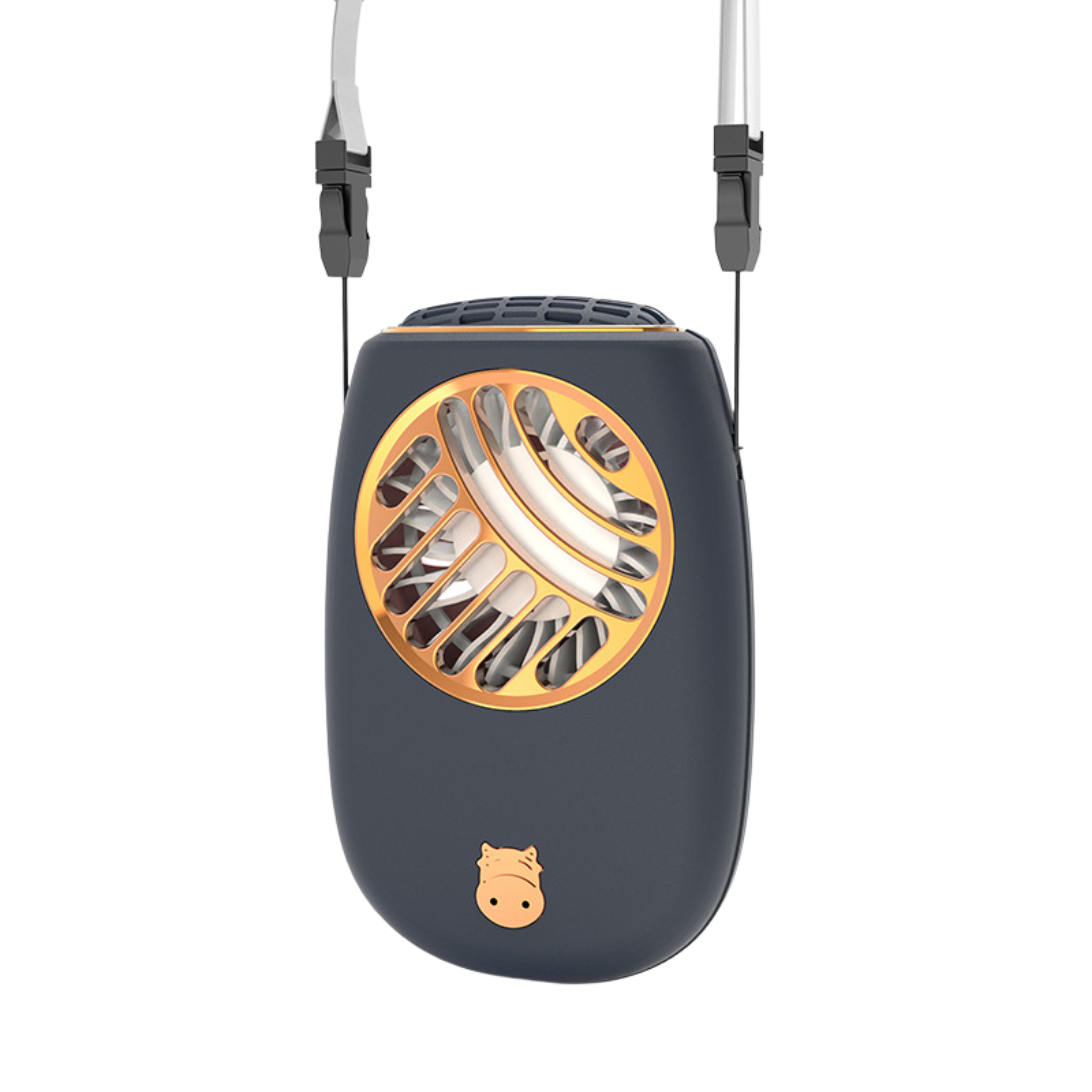 Ventilatore portatile da collo con design senza pale, corpo blu navy, ventole arancioni visibili.