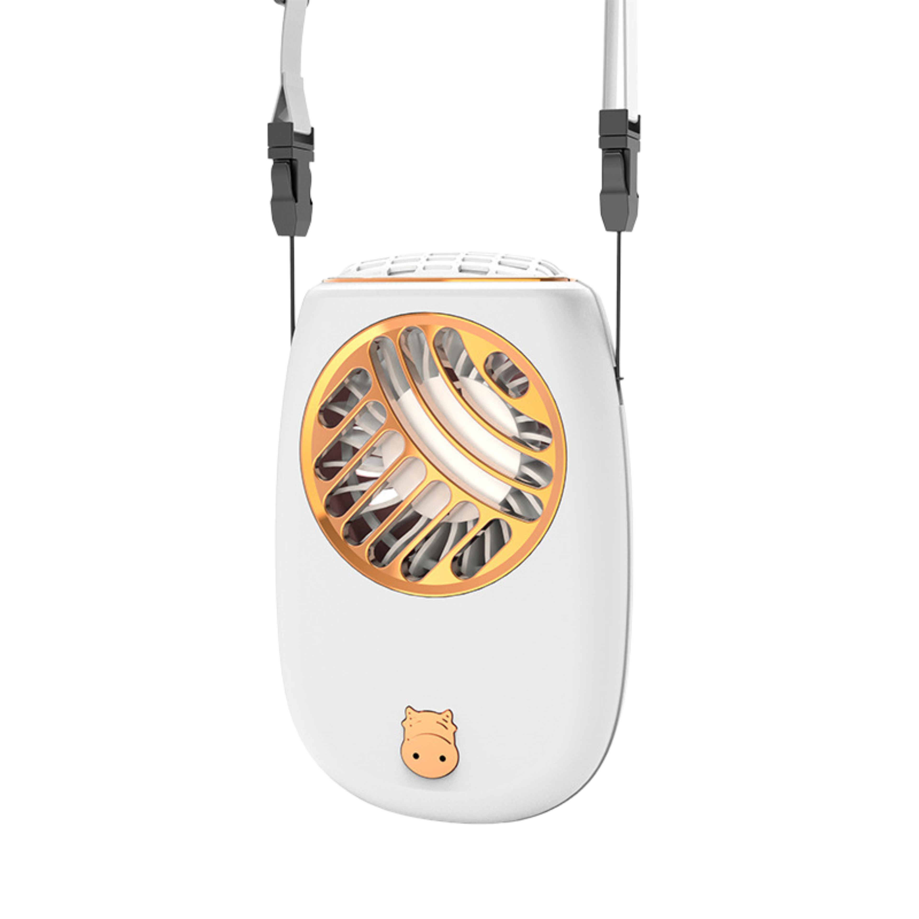 Ventilatore portatile a collo senza pale, mini, con batteria da 2000 mAh, corpo bianco con dettagli arancioni.