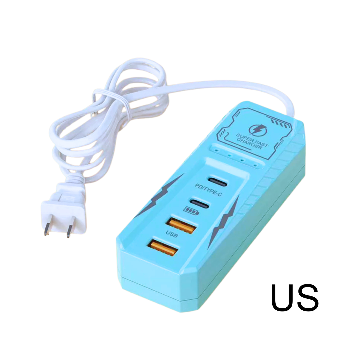 Caricatore da muro blu a 4 porte USB con PD Fast Charging e Type-C, spina EU/US/UK